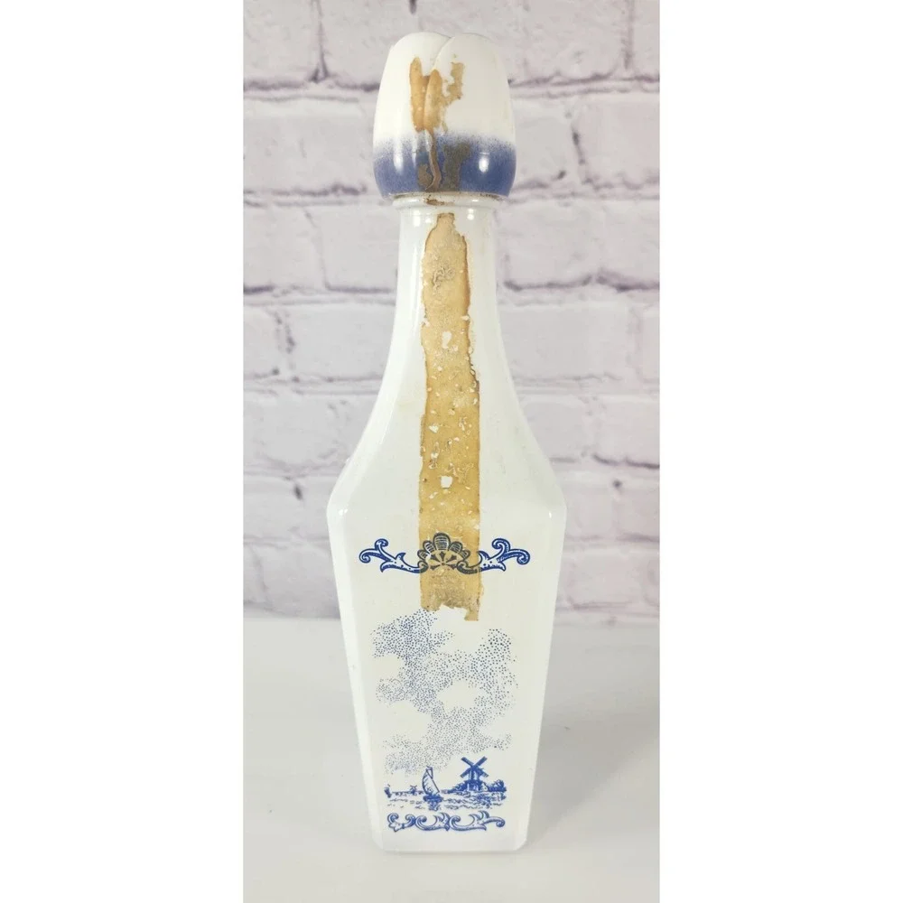 Vandermint Dutch Windmill Blue & White Liquor Bottle Tulip Cap Empty Vintage